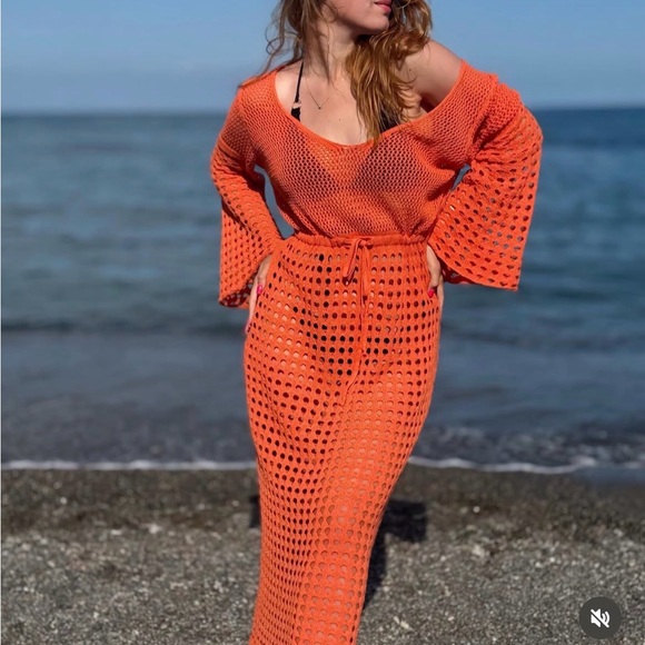 Zara Dresses & Skirts - Zara Crochet Open Knit Maxi Dress Swim Coverup Orange Vacation Beachy Size Small